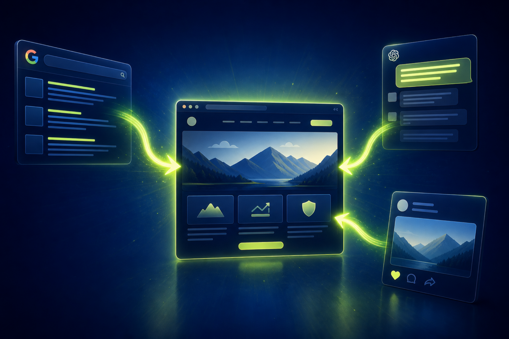 Drive more website traffic — website page with glowing traffic arrows from Google search, AI answer panel, and social referral card on deep navy background
