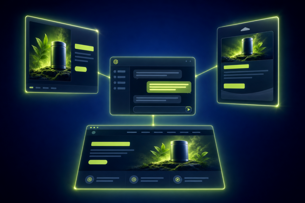 AI copywriting tools to write marketing copy — ChatGPT conversation window connected to ad, email, and landing page cards on deep navy background