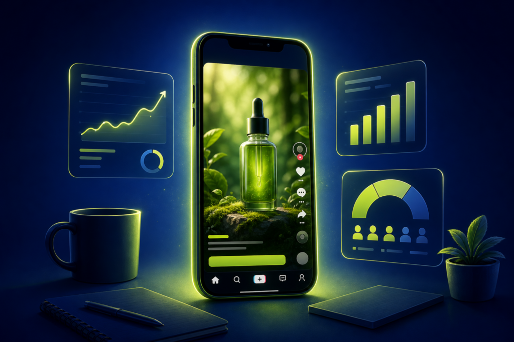 TikTok advertising — smartphone with in-feed ad card surrounded by engagement rate and CPM performance indicators on deep navy background