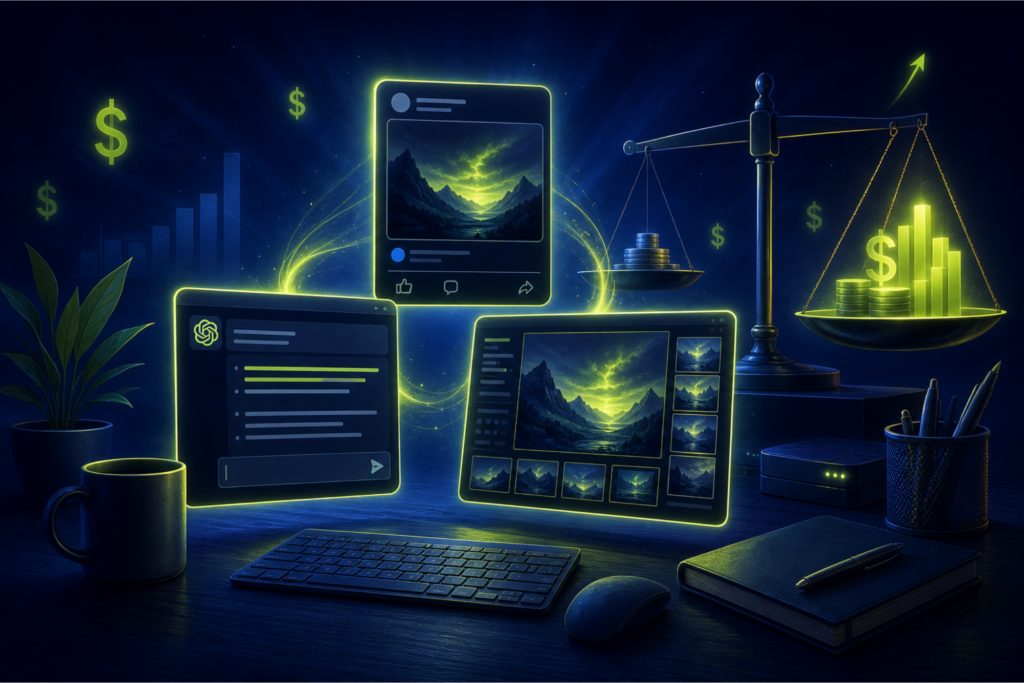 AI ads for small business — Facebook ad card, ChatGPT window, and AI image panel in a glowing production triangle on deep navy background