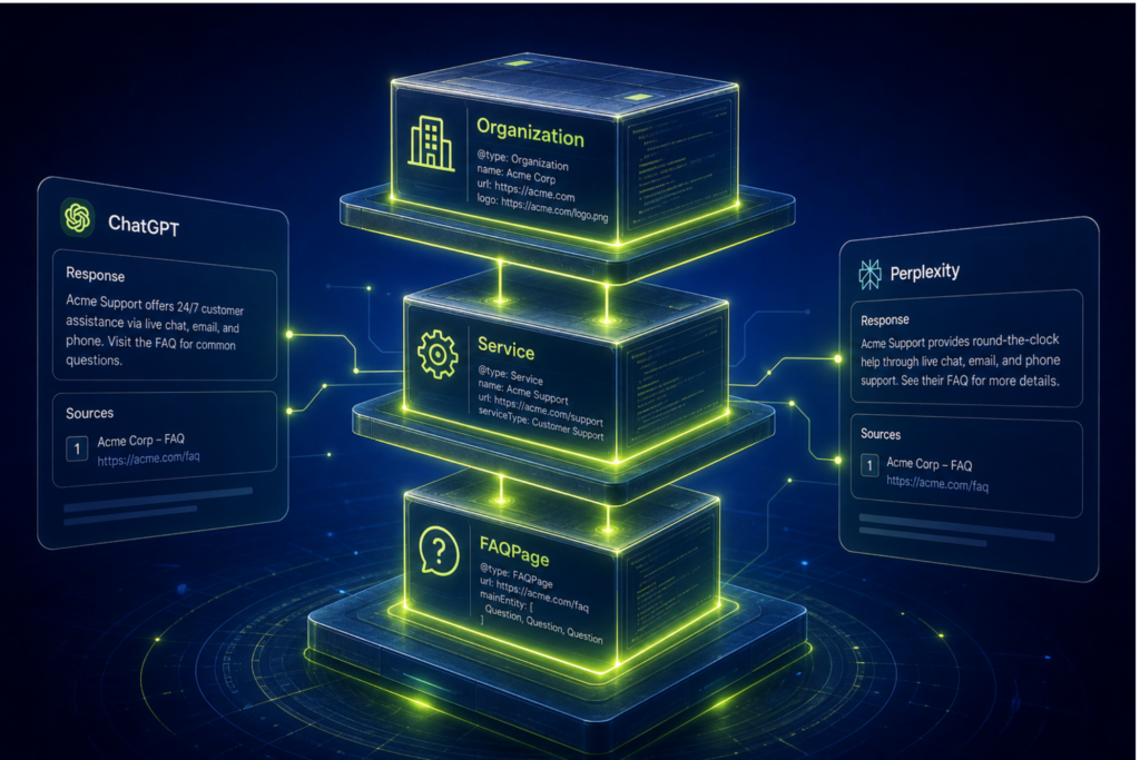 Answer engine schema — layered JSON-LD structured data blocks connected to ChatGPT and Perplexity AI citation panels on deep navy background