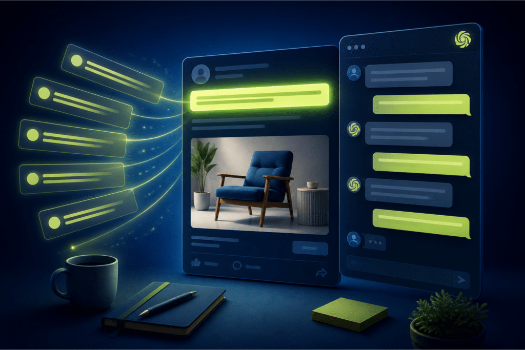 ChatGPT Facebook ad headlines — glowing ad card with headline field connected to floating ChatGPT conversation window on deep navy background