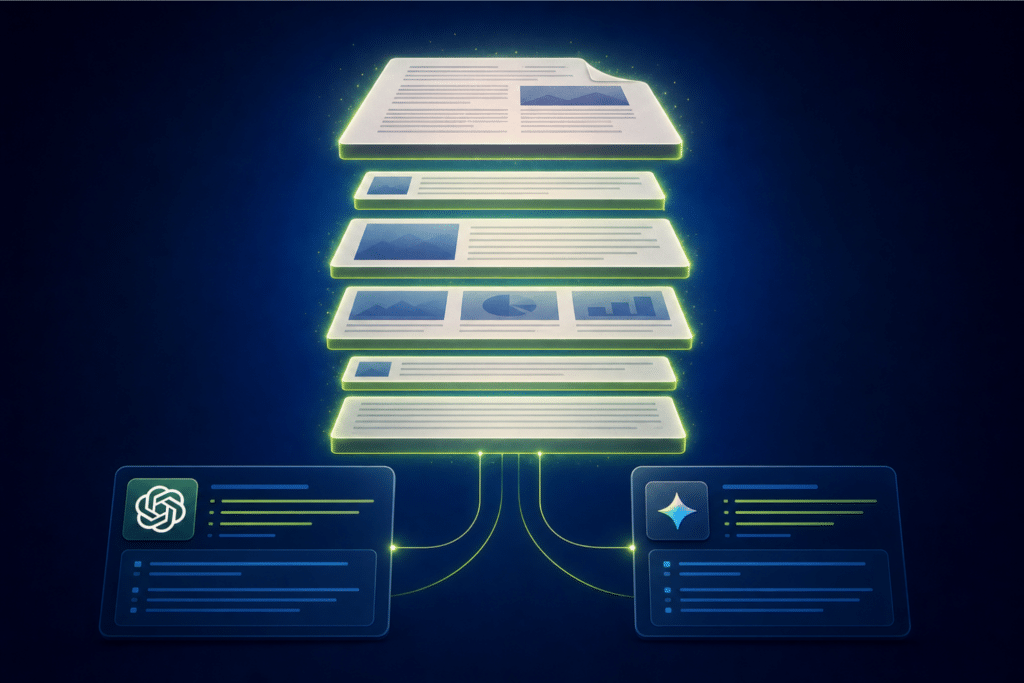 Content chunking — article page breaking into structured glowing content blocks connected to ChatGPT and Google AI Overview panels on deep navy background