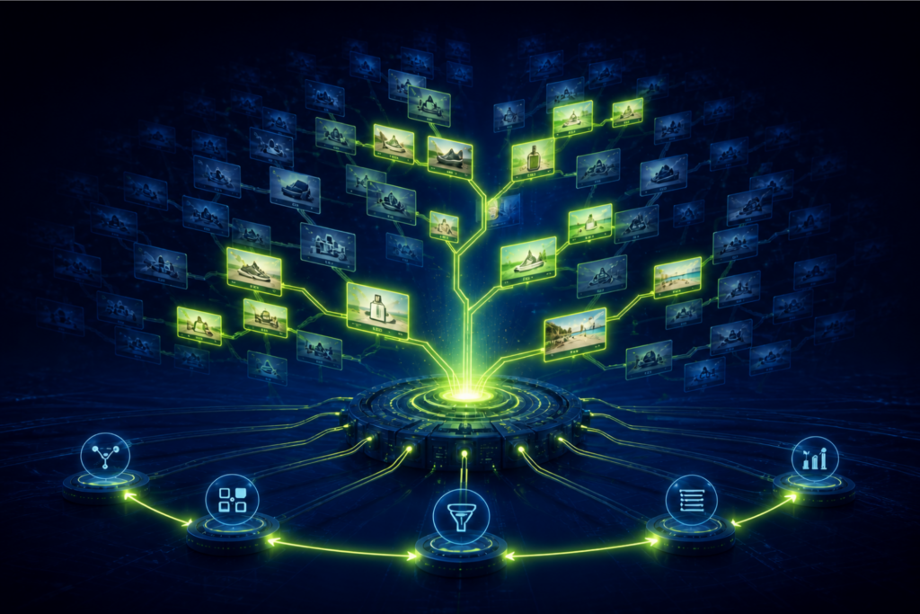Meta Andromeda — branching tree of glowing ad creative cards with lime green retrieval filtering on deep navy background