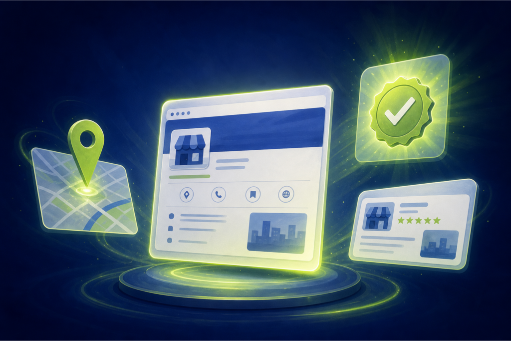 How to set up Google Business Profile — setup card with glowing map pin, verification badge, and profile preview panels on a deep navy background