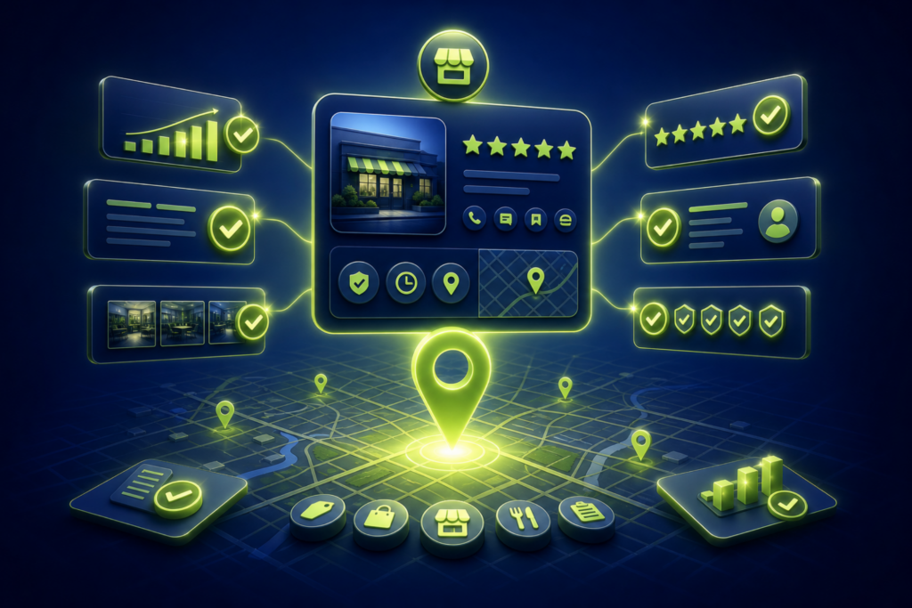 Google Business Profile optimization checklist — profile card floating above a map pin with glowing checklist panels and star ratings on a deep navy background