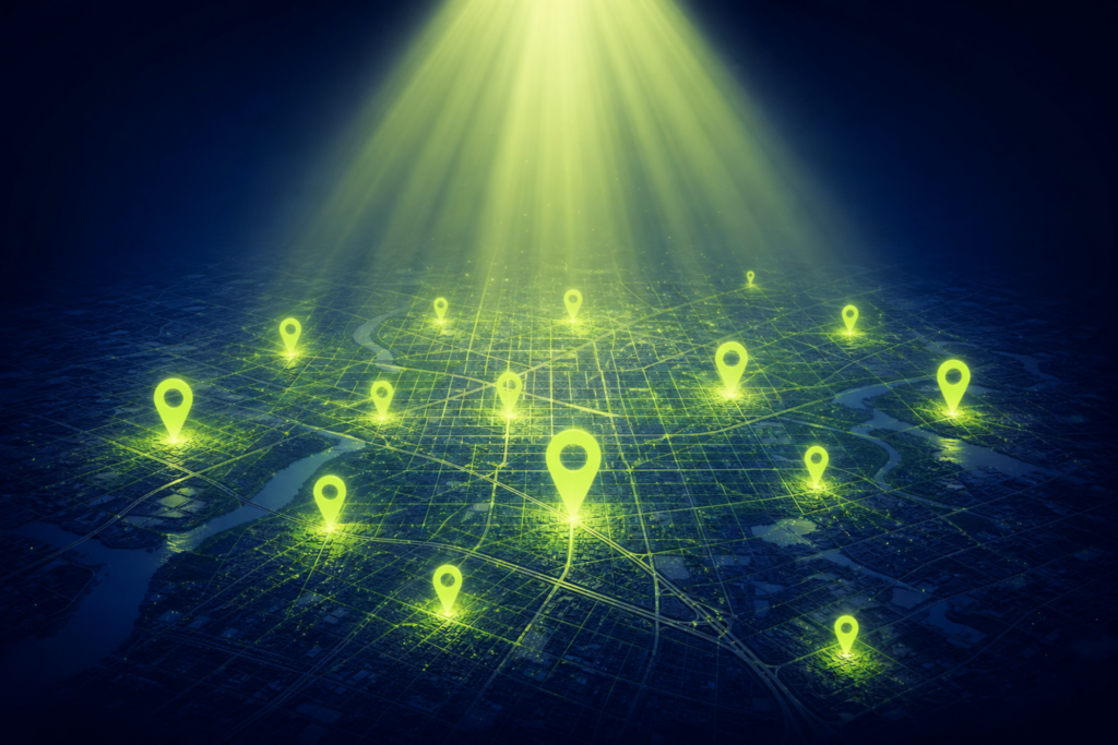 Service Area Business (SAB) — spotlight casting a wide beam over a city map with multiple scattered glowing pins